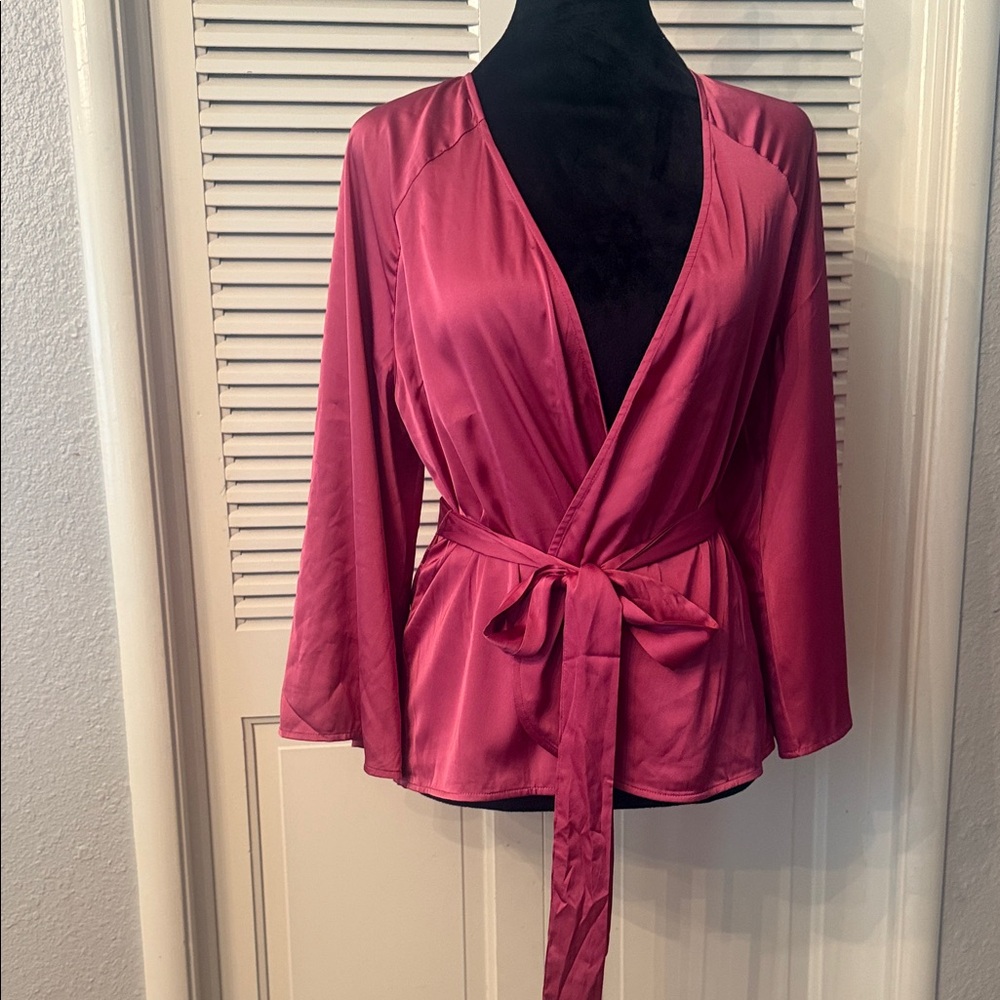 Express Satin Wrap Blouse in Berry Pink